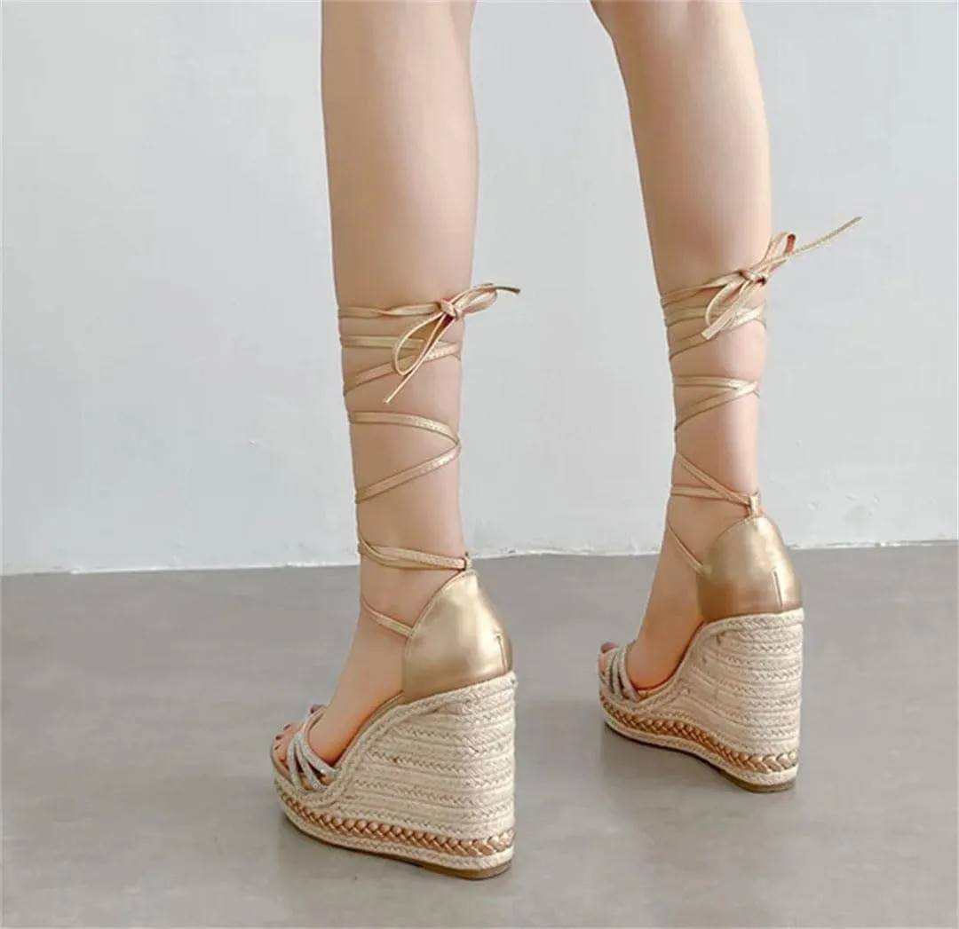Women Handmade Weave Straw Rope Wedge Sandals Open Toe Lace Up Platform High Heels Gladiator Shoes