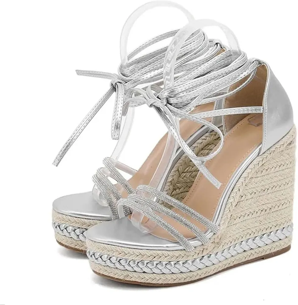 Women Handmade Weave Straw Rope Wedge Sandals Open Toe Lace Up Platform High Heels Gladiator Shoes