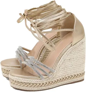 Women Handmade Weave Straw Rope Wedge Sandals Open Toe Lace Up Platform High Heels Gladiator Shoes