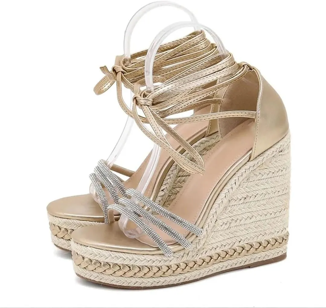Women Handmade Weave Straw Rope Wedge Sandals Open Toe Lace Up Platform High Heels Gladiator Shoes
