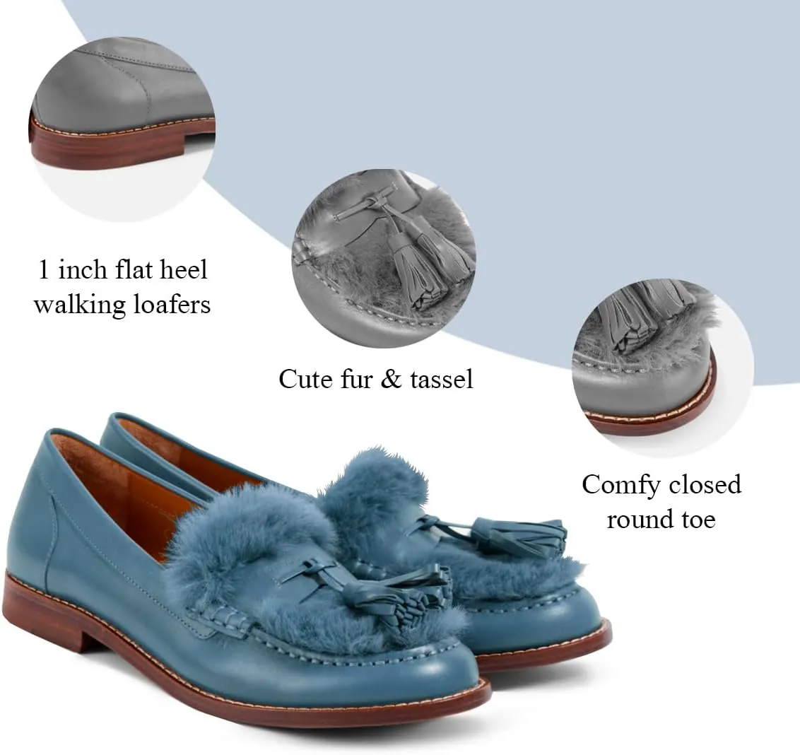 Women Low Chunky Heel Loafer Shoes Tassel Fluffy Round Toe Slip On Dress Loafers Fringe 1 Inch Block Low Heel Dress Shoes Fur Penny Loafers Comfort Office Shoes Classic 4-11 M US