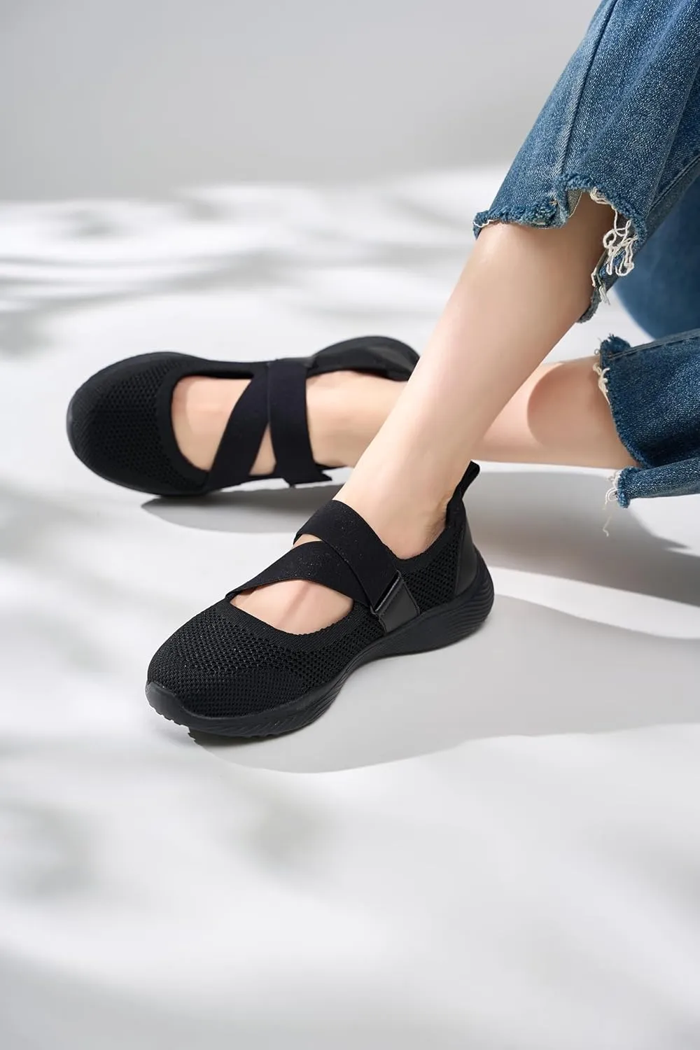Women Mary Jane Shoes Comfortable Walking Flats with Adjustable Straps Knit Casual Arch Support Flat