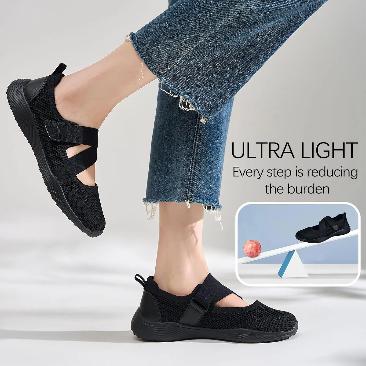 Women Mary Jane Shoes Comfortable Walking Flats with Adjustable Straps Knit Casual Arch Support Flat