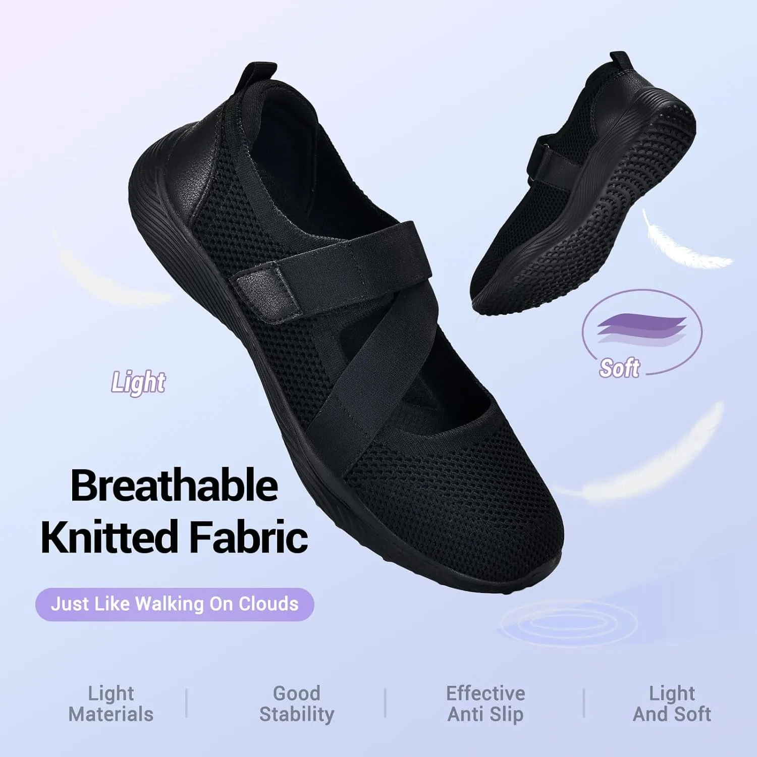 Women Mary Jane Shoes Comfortable Walking Flats with Adjustable Straps Knit Casual Arch Support Flat