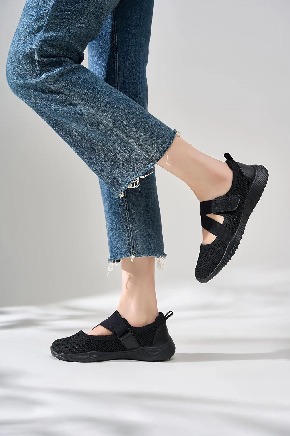 Women Mary Jane Shoes Comfortable Walking Flats with Adjustable Straps Knit Casual Arch Support Flat