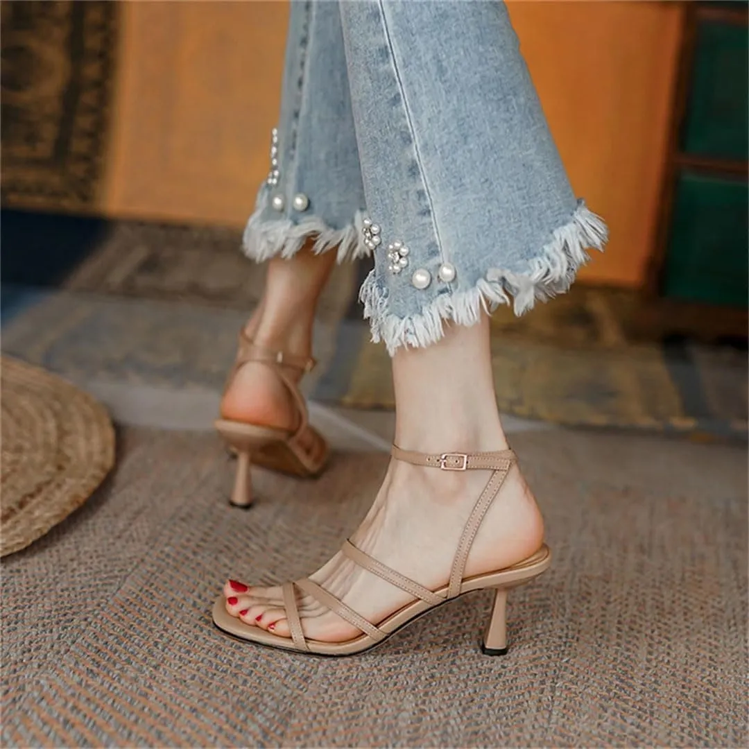 Women Sandals Square Toe Thin High Heel Ankle Strap Party Open Side Vamp Buckle Strap Concise Sandals