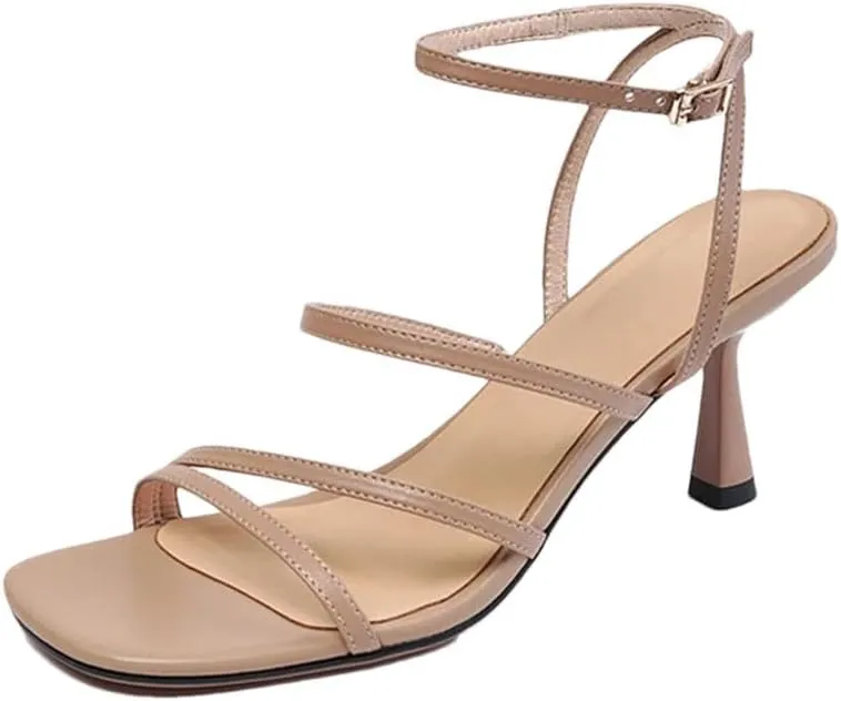 Women Sandals Square Toe Thin High Heel Ankle Strap Party Open Side Vamp Buckle Strap Concise Sandals