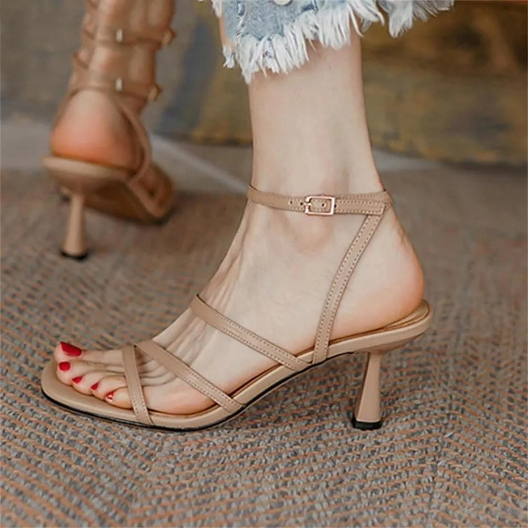Women Sandals Square Toe Thin High Heel Ankle Strap Party Open Side Vamp Buckle Strap Concise Sandals