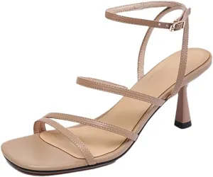 Women Sandals Square Toe Thin High Heel Ankle Strap Party Open Side Vamp Buckle Strap Concise Sandals