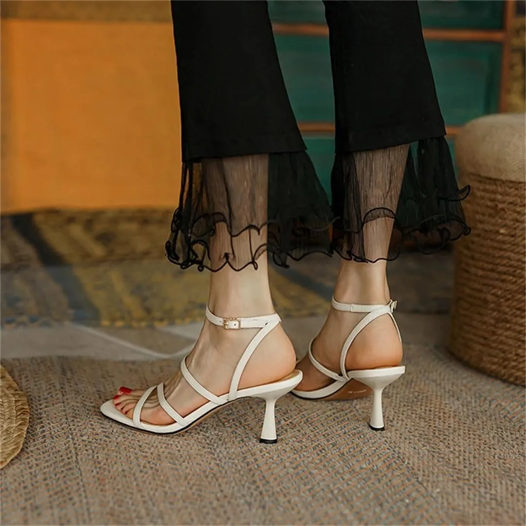 Women Sandals Square Toe Thin High Heel Ankle Strap Party Open Side Vamp Buckle Strap Concise Sandals