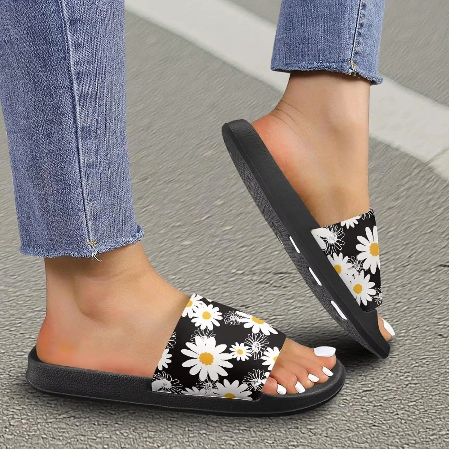 Women Slide Sandals Comfotable Open Toe Non Slip Single Band Slides Easy Slip On Shower Non-Slip Sandal Shower Slippers House Sandal Black Size 5-12.5