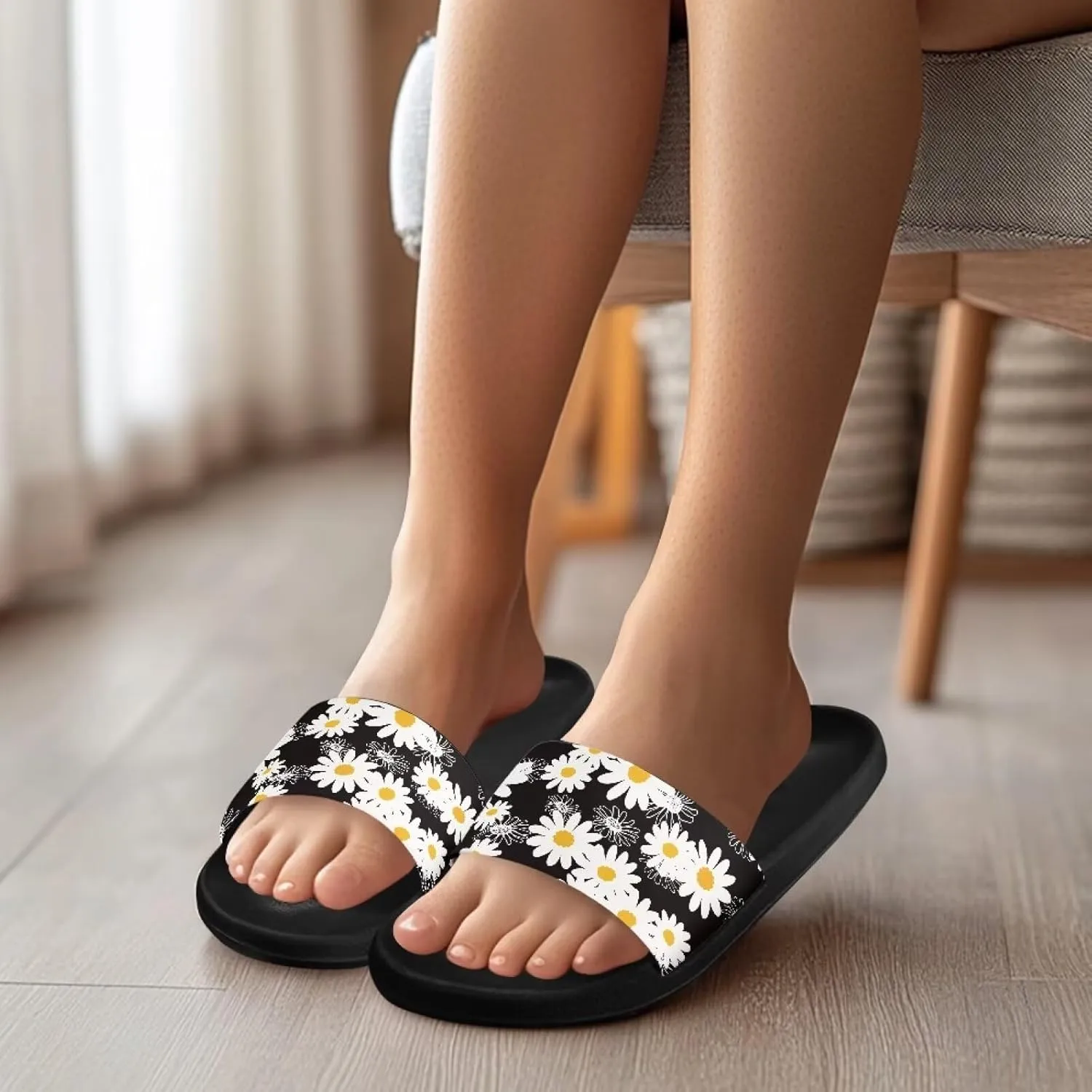 Women Slide Sandals Comfotable Open Toe Non Slip Single Band Slides Easy Slip On Shower Non-Slip Sandal Shower Slippers House Sandal Black Size 5-12.5