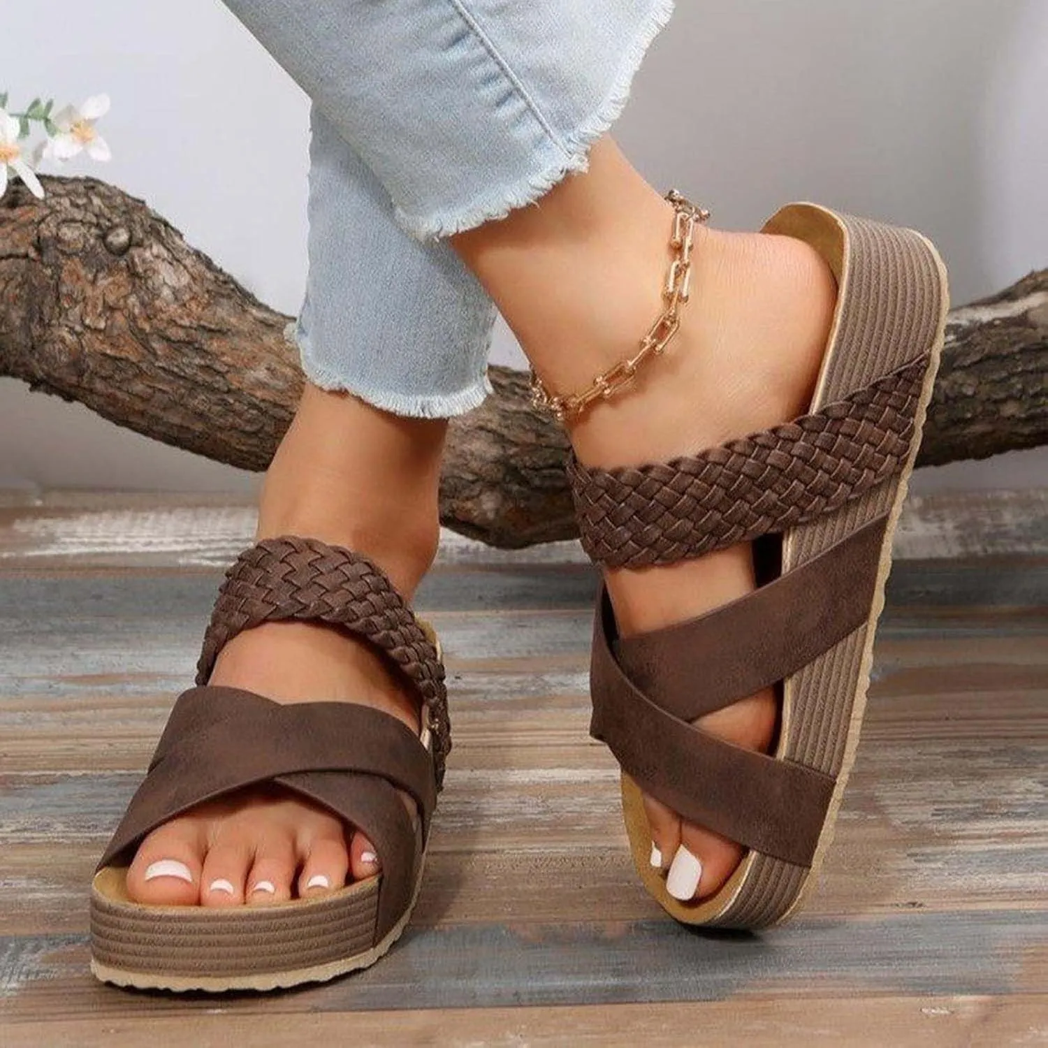 Women Thick Sole Slides Summer Dressy Slip on Flats Sandals Open Toe Walking Beach Slide Sandal Comfort Slippers