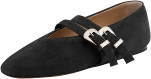 Women Two Strap Buckles Suede Mary Jane Flats Round Toe V Cut Comfy Ballroom Daily Wear Casual Shoes Size 4-16 US