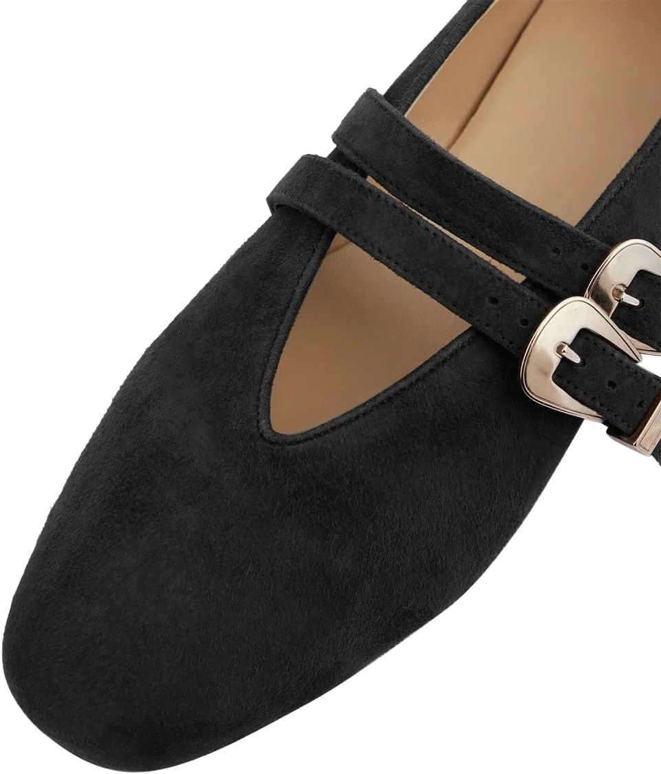 Women Two Strap Buckles Suede Mary Jane Flats Round Toe V Cut Comfy Ballroom Daily Wear Casual Shoes Size 4-16 US