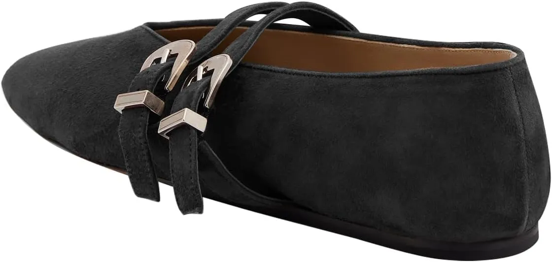Women Two Strap Buckles Suede Mary Jane Flats Round Toe V Cut Comfy Ballroom Daily Wear Casual Shoes Size 4-16 US
