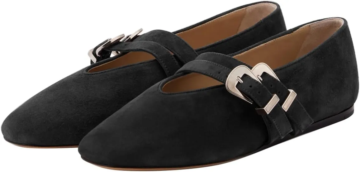 Women Two Strap Buckles Suede Mary Jane Flats Round Toe V Cut Comfy Ballroom Daily Wear Casual Shoes Size 4-16 US