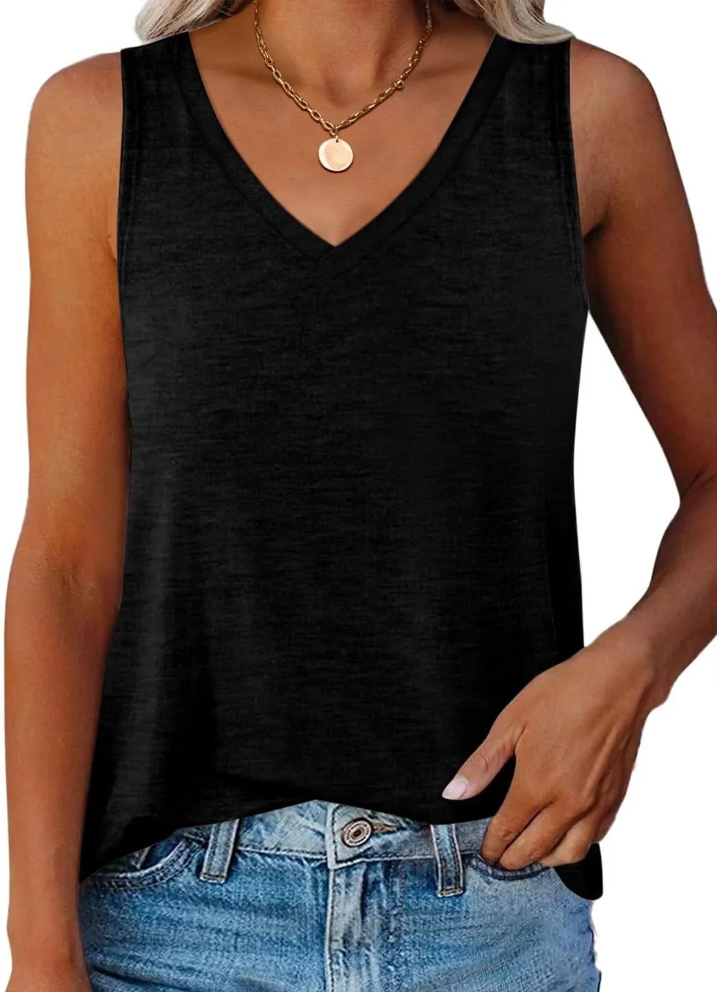 Women V Neck Tank Tops Summer Casual Curved Hem Sleeveless Loose Fit Shirts 2025