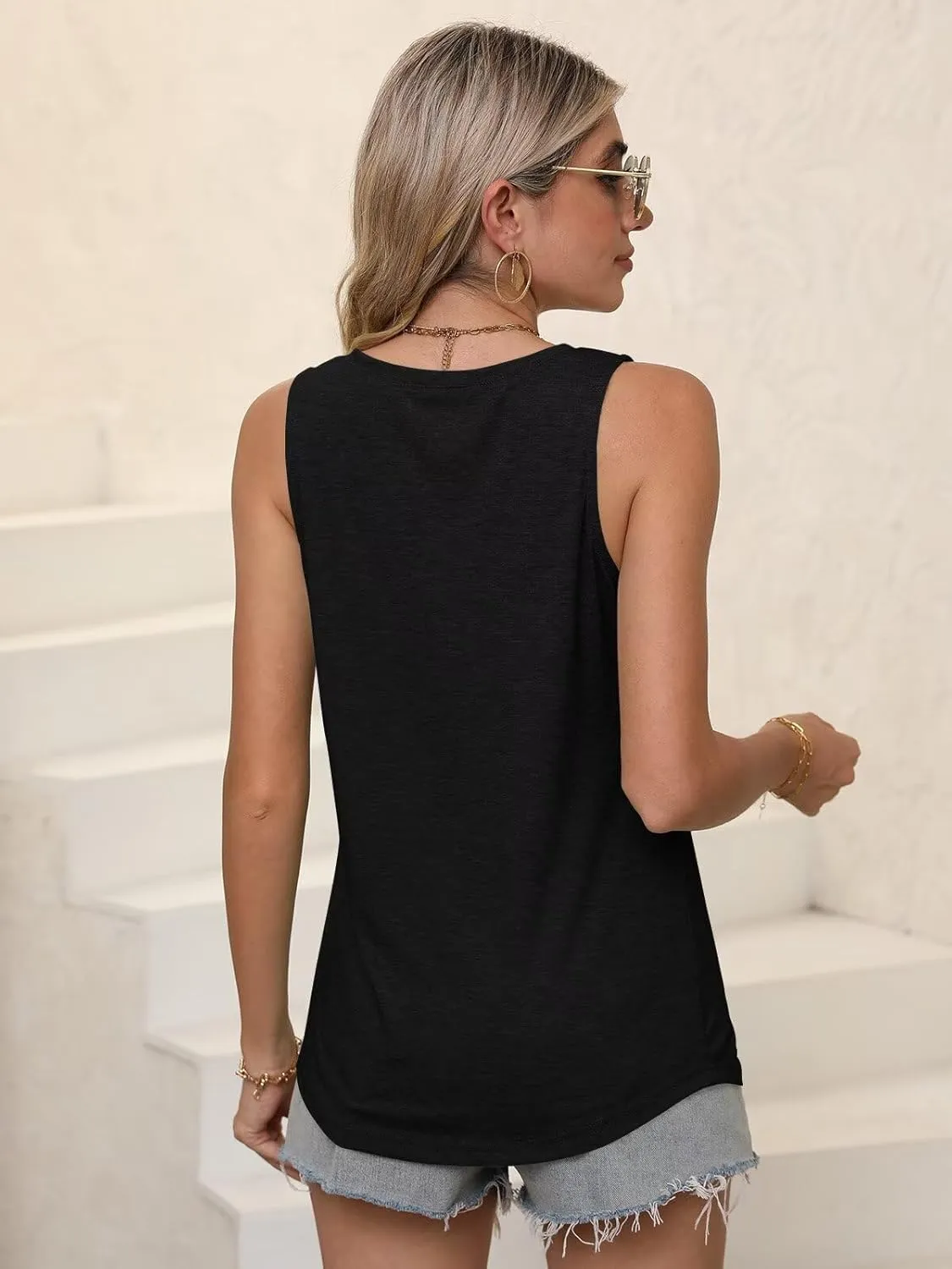 Women V Neck Tank Tops Summer Casual Curved Hem Sleeveless Loose Fit Shirts 2025
