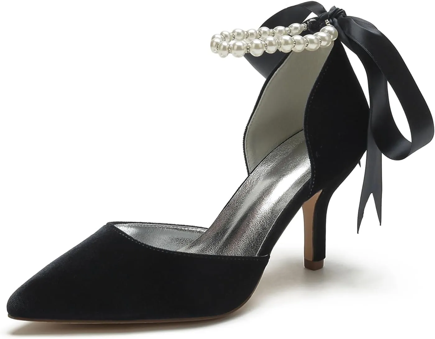 Women Velvet Bridal Wedding Shoes Pointed Toe Pumps High Heel Buckle Pearl Prom Shoes