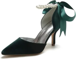 Women Velvet Bridal Wedding Shoes Pointed Toe Pumps High Heel Buckle Pearl Prom Shoes