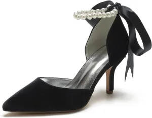 Women Velvet Bridal Wedding Shoes Pointed Toe Pumps High Heel Buckle Pearl Prom Shoes