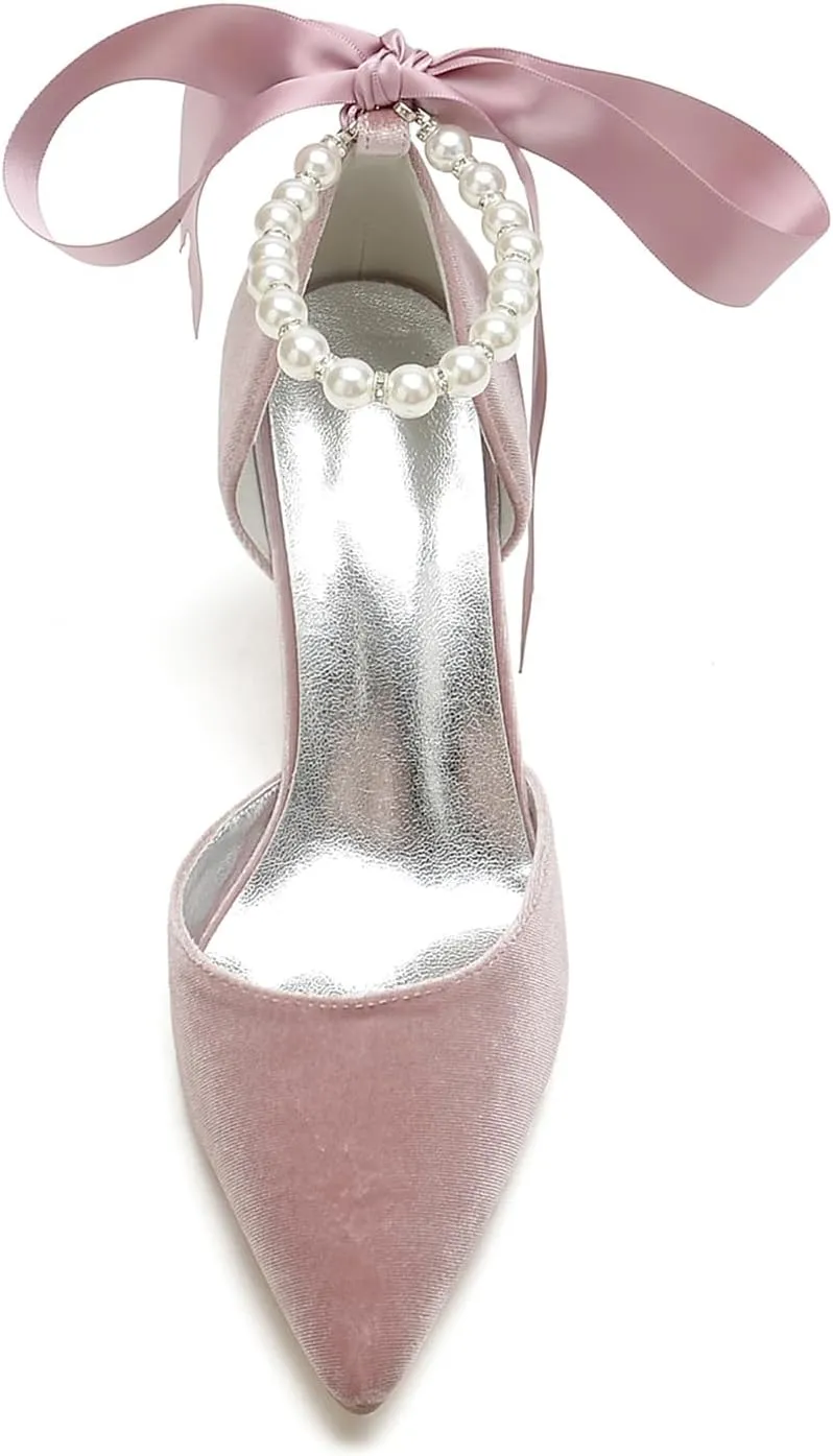 Women Velvet Bridal Wedding Shoes Pointed Toe Pumps High Heel Buckle Pearl Prom Shoes