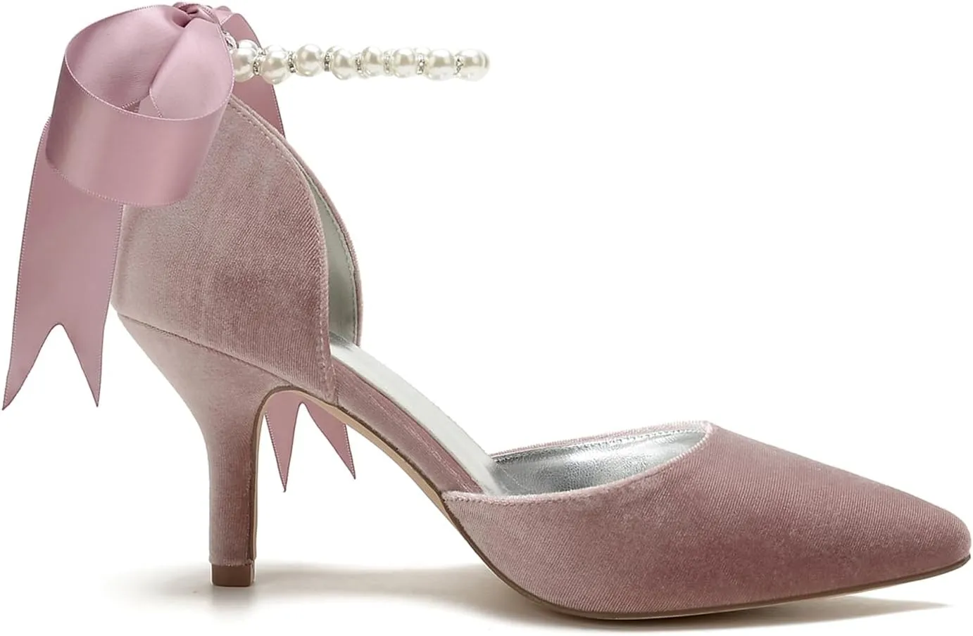 Women Velvet Bridal Wedding Shoes Pointed Toe Pumps High Heel Buckle Pearl Prom Shoes
