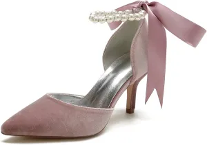 Women Velvet Bridal Wedding Shoes Pointed Toe Pumps High Heel Buckle Pearl Prom Shoes