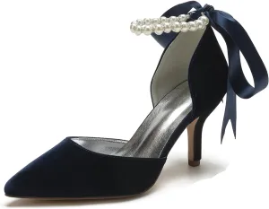 Women Velvet Bridal Wedding Shoes Pointed Toe Pumps High Heel Buckle Pearl Prom Shoes