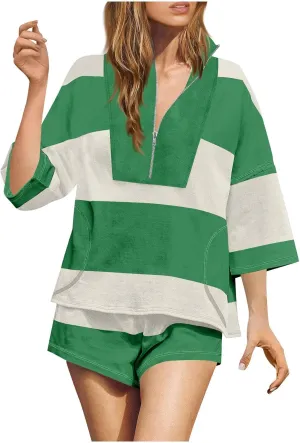 Womens 2 Piece Workout Sets Summer Outfits Striped Matching Lounge Set Oversized Quarter Zip Shirt and Shorts