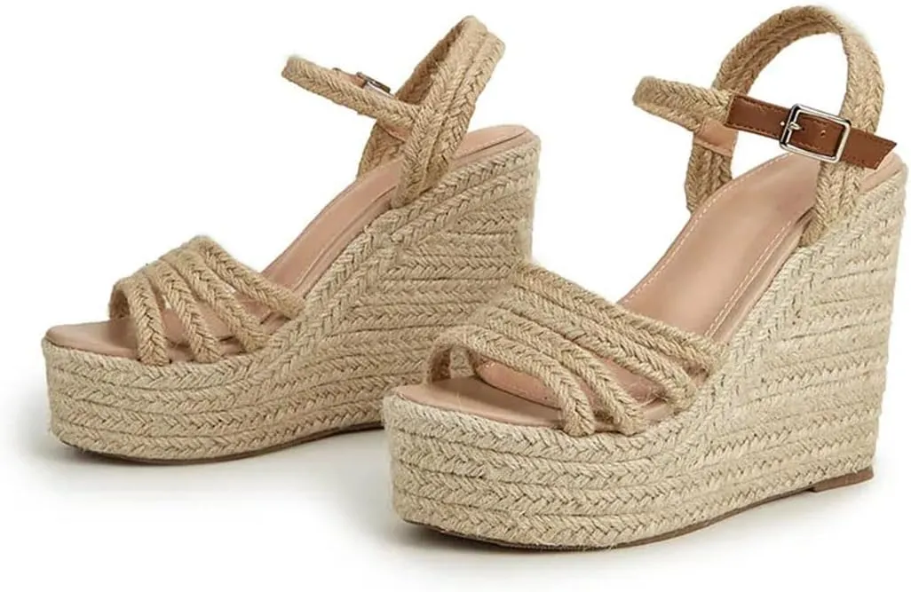 Women's Bohemian Buckle Strap Peep Toe Wedge Sandals With 8Cm High Heel And 3-5Cm Platform Casual Pumps