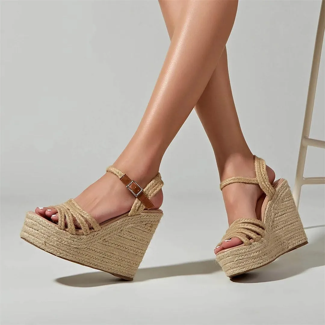 Women's Bohemian Buckle Strap Peep Toe Wedge Sandals With 8Cm High Heel And 3-5Cm Platform Casual Pumps