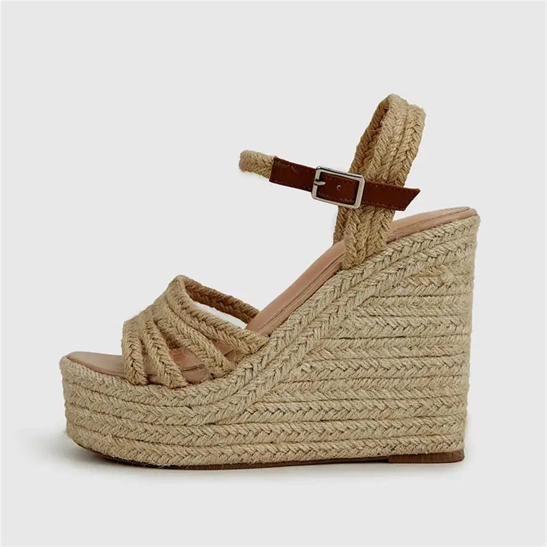 Women's Bohemian Buckle Strap Peep Toe Wedge Sandals With 8Cm High Heel And 3-5Cm Platform Casual Pumps