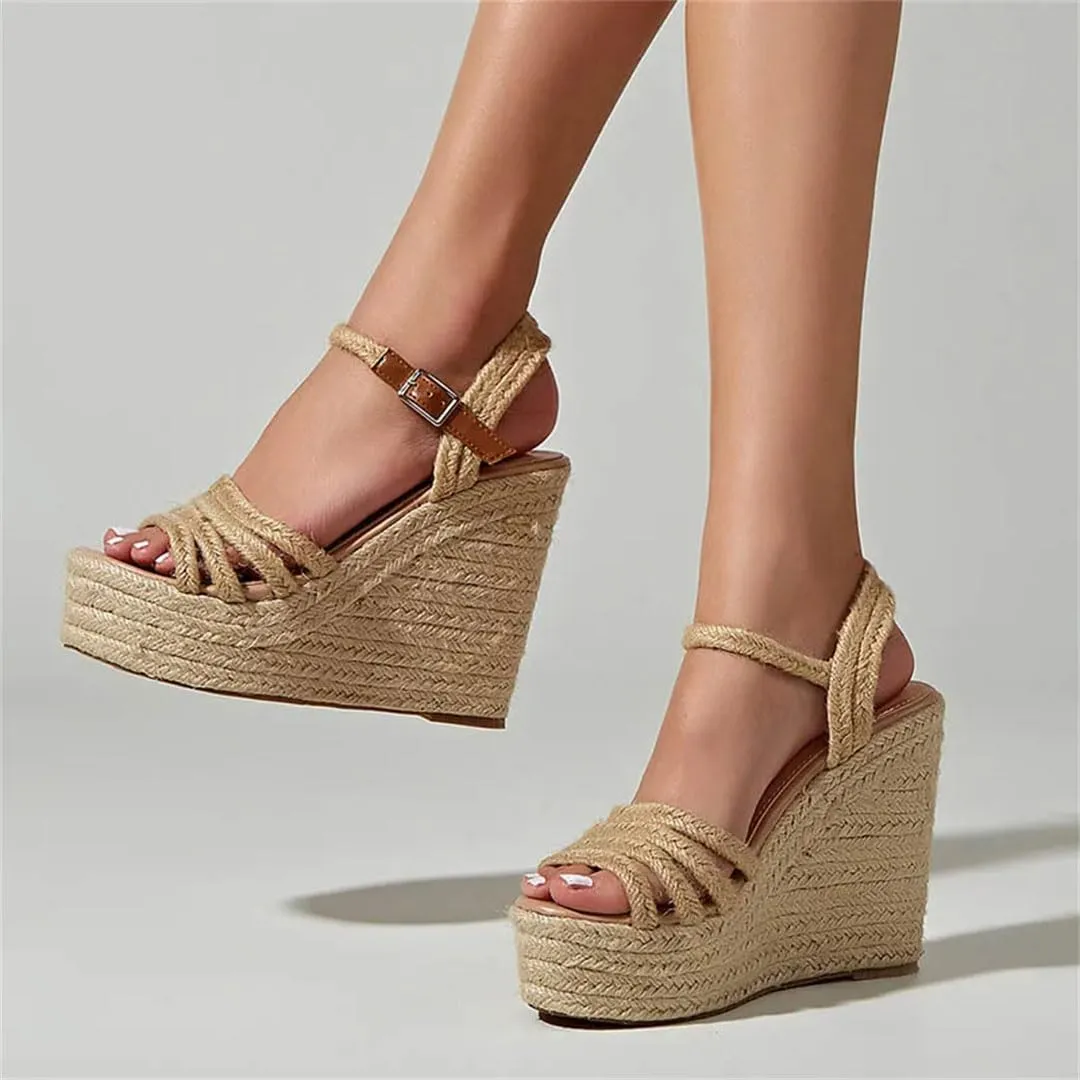 Women's Bohemian Buckle Strap Peep Toe Wedge Sandals With 8Cm High Heel And 3-5Cm Platform Casual Pumps