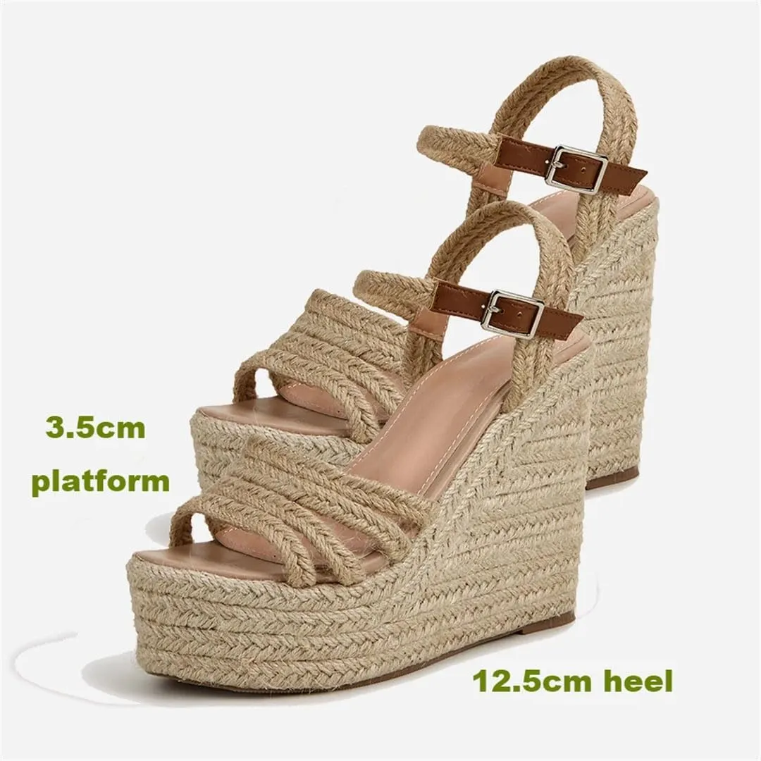 Women's Bohemian Buckle Strap Peep Toe Wedge Sandals With 8Cm High Heel And 3-5Cm Platform Casual Pumps