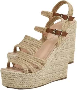 Women's Bohemian Buckle Strap Peep Toe Wedge Sandals With 8Cm High Heel And 3-5Cm Platform Casual Pumps
