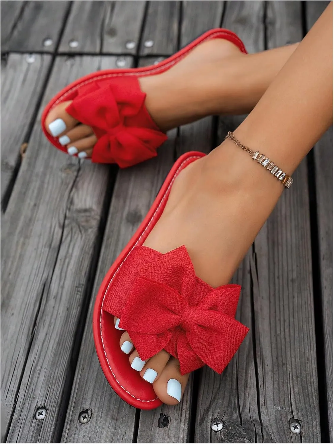 Women's Bow Flat Sandals Dressy Slide Sandals Open Toe Summer Beach Flat Shoes Slippers Slip on Slide