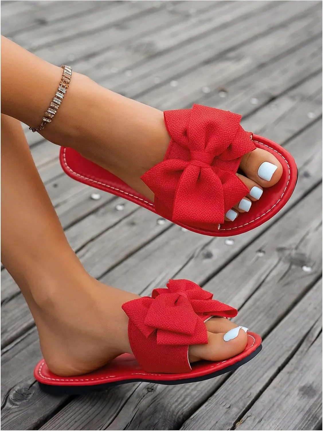 Women's Bow Flat Sandals Dressy Slide Sandals Open Toe Summer Beach Flat Shoes Slippers Slip on Slide