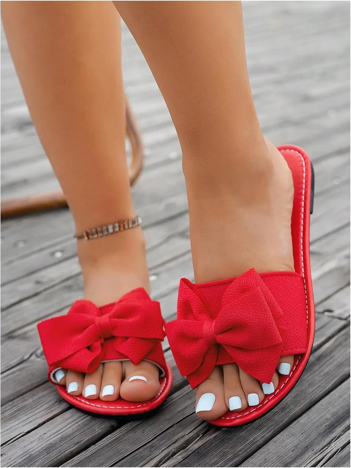 Women's Bow Flat Sandals Dressy Slide Sandals Open Toe Summer Beach Flat Shoes Slippers Slip on Slide