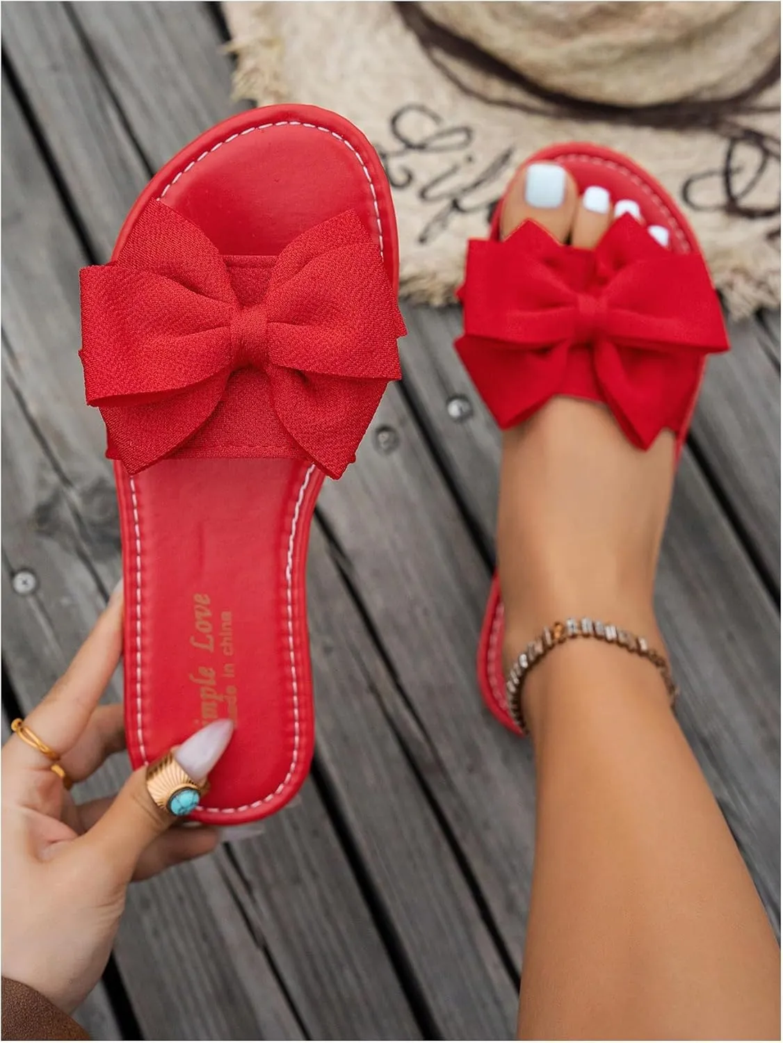Women's Bow Flat Sandals Dressy Slide Sandals Open Toe Summer Beach Flat Shoes Slippers Slip on Slide