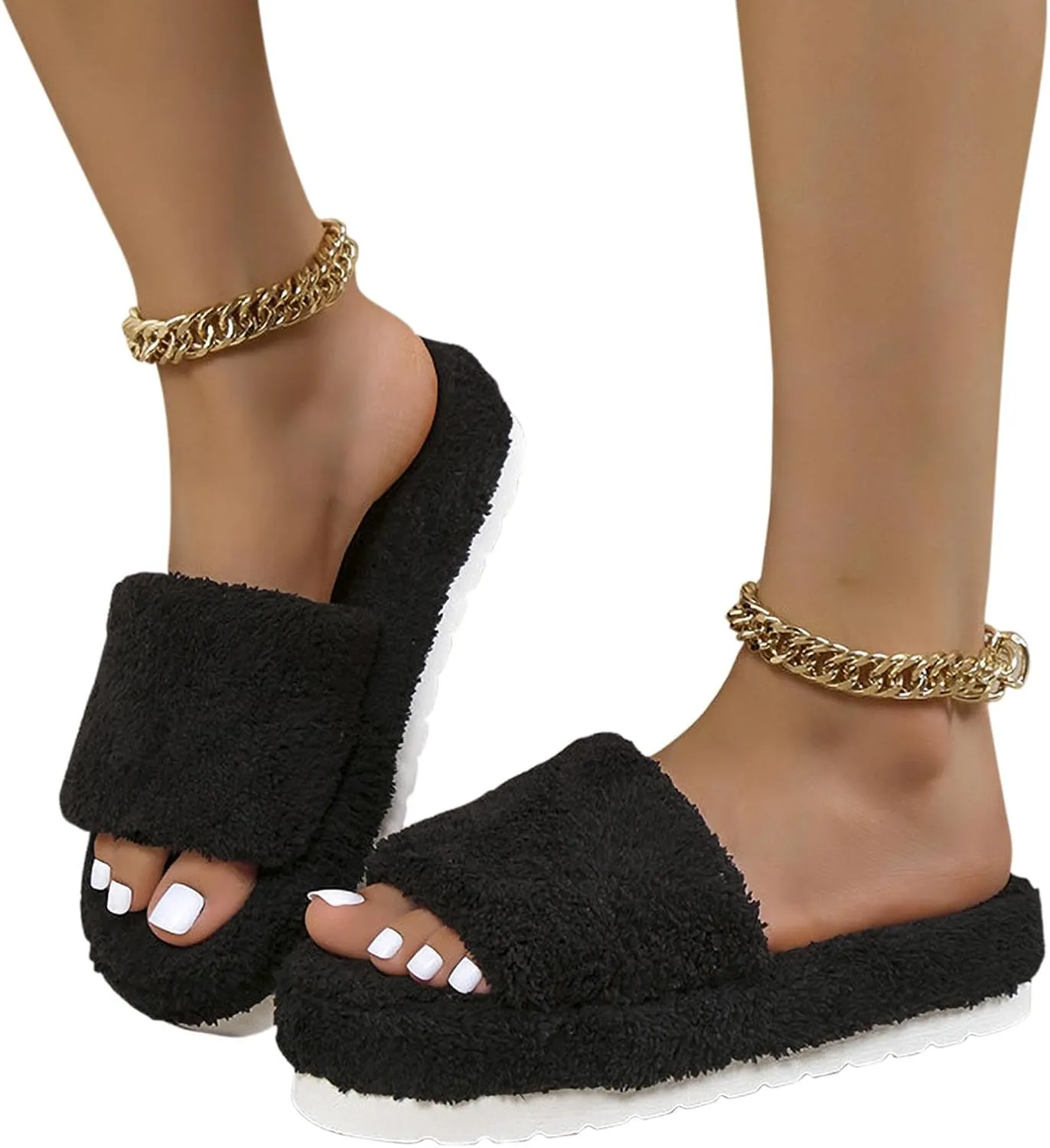 Women's Chunky Fluffy Solid Sandal Slip on Open Toe Lounge Slide Comfy Soft Summer Slipper Anti-Slip Platform Flat
