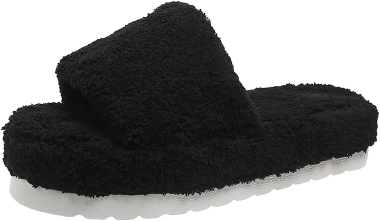 Women's Chunky Fluffy Solid Sandal Slip on Open Toe Lounge Slide Comfy Soft Summer Slipper Anti-Slip Platform Flat