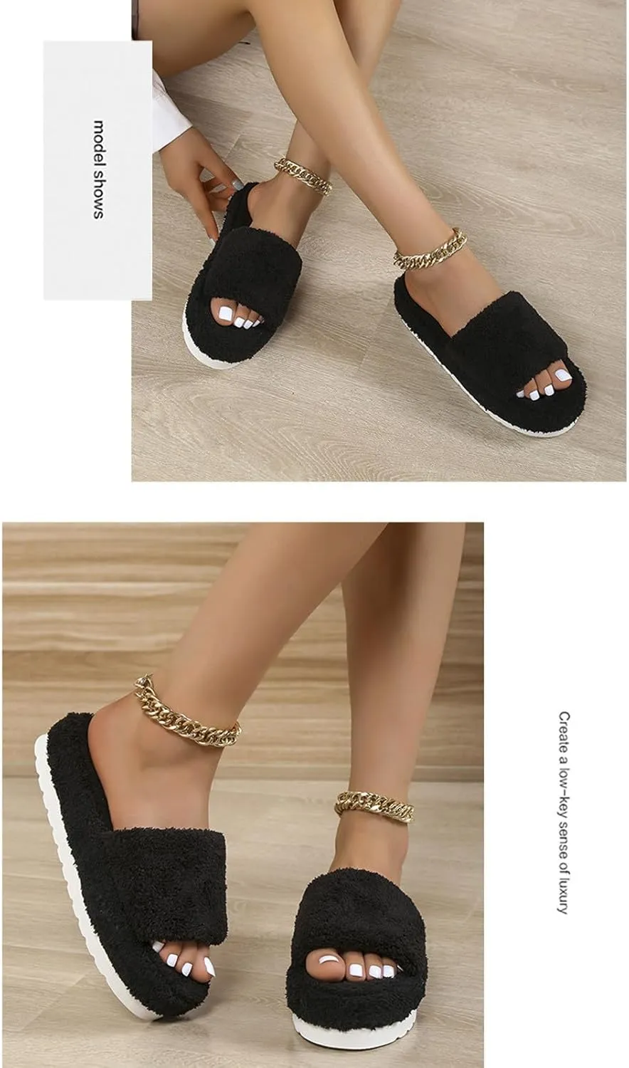 Women's Chunky Fluffy Solid Sandal Slip on Open Toe Lounge Slide Comfy Soft Summer Slipper Anti-Slip Platform Flat