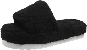 Women's Chunky Fluffy Solid Sandal Slip on Open Toe Lounge Slide Comfy Soft Summer Slipper Anti-Slip Platform Flat
