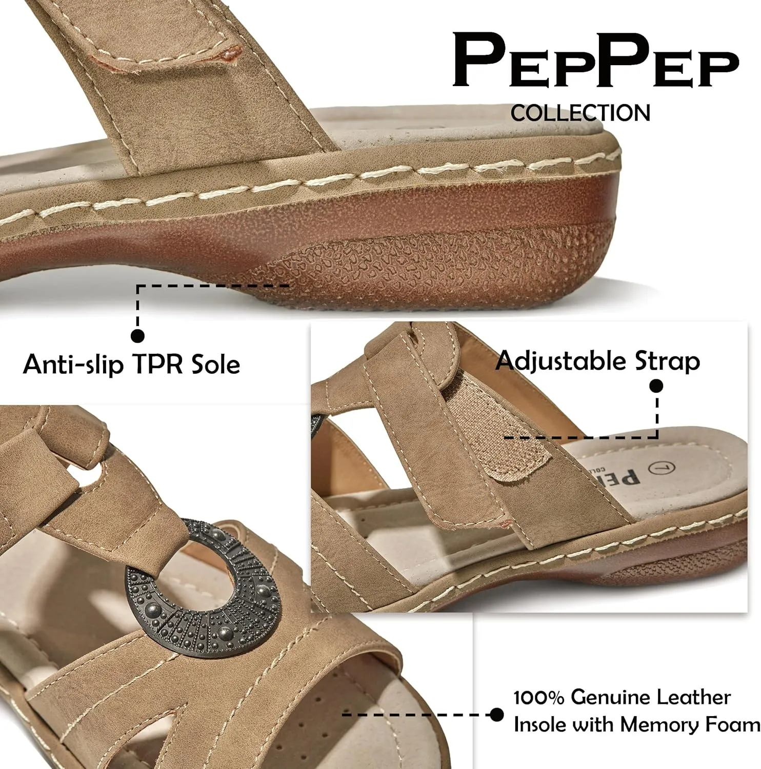 Women's Comfortable Low Wedge Slide Sandals – Dressy Slip-On with Soft Leather, Arch Support, Adjustable Straps & Memory Foam (Orthopedic Friendly)