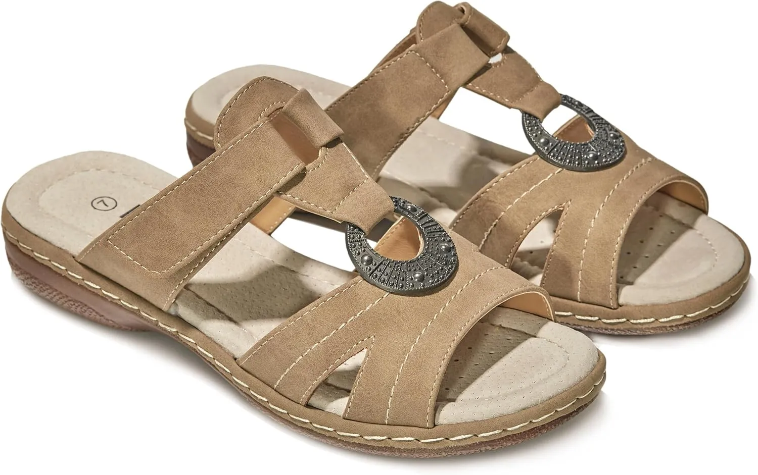 Women's Comfortable Low Wedge Slide Sandals – Dressy Slip-On with Soft Leather, Arch Support, Adjustable Straps & Memory Foam (Orthopedic Friendly)