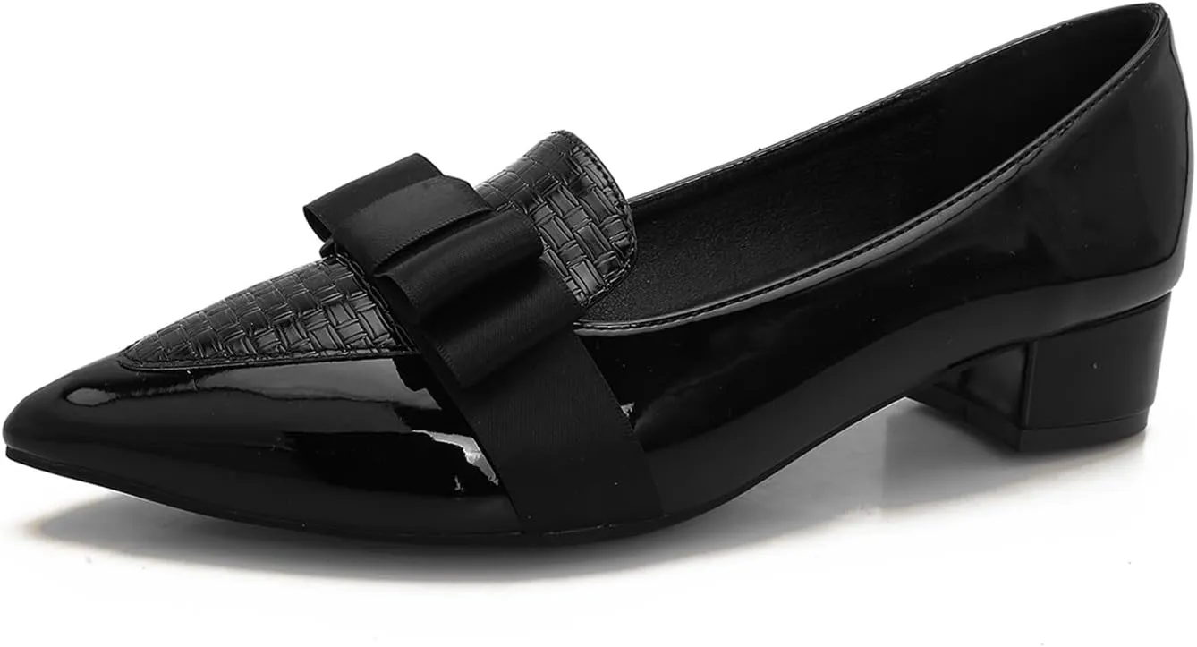 Womens Comfortable Patent Leather Chunky Loafer Pumps with Bow Pointed Closed Toe Penny Loafers 1 Inch Low Block Heeled Loafers Shoes for Women Party Business