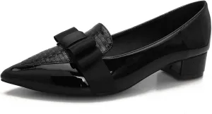 Womens Comfortable Patent Leather Chunky Loafer Pumps with Bow Pointed Closed Toe Penny Loafers 1 Inch Low Block Heeled Loafers Shoes for Women Party Business