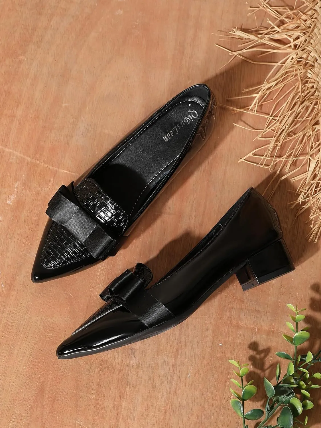 Womens Comfortable Patent Leather Chunky Loafer Pumps with Bow Pointed Closed Toe Penny Loafers 1 Inch Low Block Heeled Loafers Shoes for Women Party Business